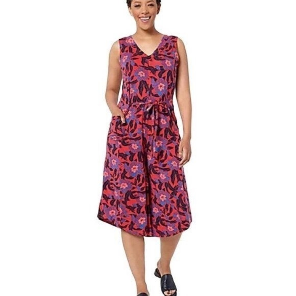 AnyBody Bamboo Knit Luxe V-Neck Gaucho Jumpsuit Hibiscus Sz L Petite Pockets
